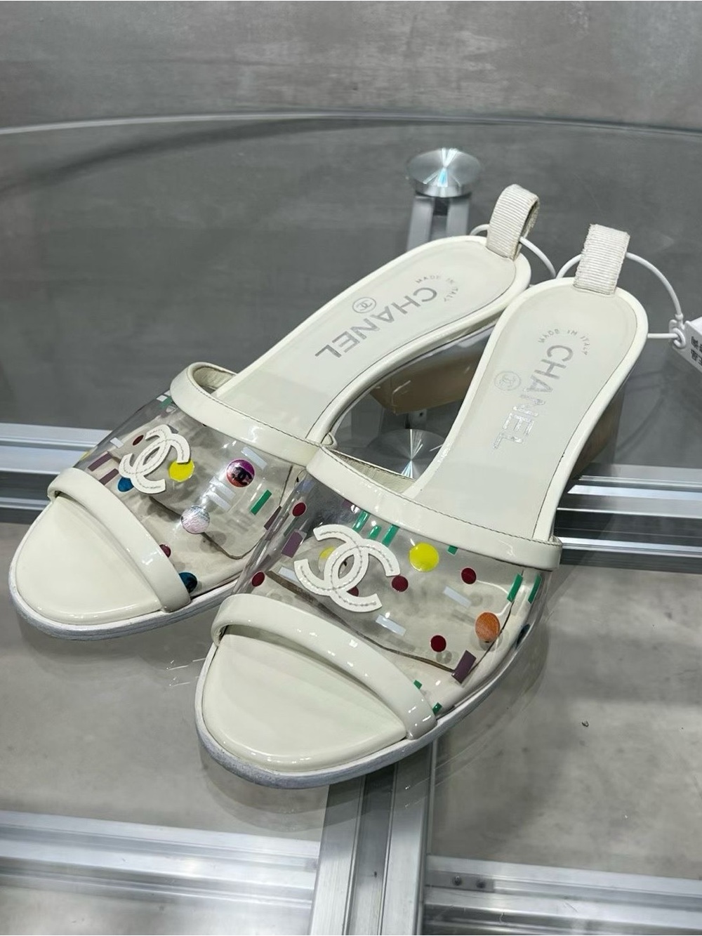 CHANEL Cream Slide Sandals with Clear Multicolor Dot Accents